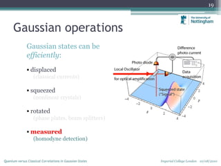Gaussian operations
Gaussian states can be
efficiently:
 displaced
(classical currents)
 squeezed
(nonlinear crystals)
 rotated
(phase plates, beam splitters)
 measured
(homodyne detection)
19
Imperial College London 10/08/2010Quantum versus Classical Correlations in Gaussian States
 