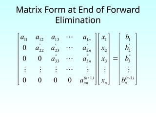 Matrix Form at End of Forward
Elimination

















































 )
(n-
n
"
'
n
)
(n
nn
"
n
"
'
n
'
'
n
b
b
b
b
x
x
x
x
a
a
a
a
a
a
a
a
a
a
1
3
2
1
3
2
1
1
3
33
2
23
22
1
13
12
11
0
0
0
0
0
0
0










 