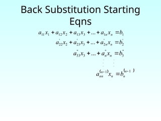 Back Substitution Starting
Eqns
'
2
'
2
3
'
23
2
'
22 ... b
x
a
x
a
x
a n
n 



"
3
"
3
"
33 ... b
x
a
x
a n
n 


   
1
1 


n
n
n
n
nn b
x
a
. .
. .
. .
1
1
3
13
2
12
1
11 ... b
x
a
x
a
x
a
x
a n
n 




 