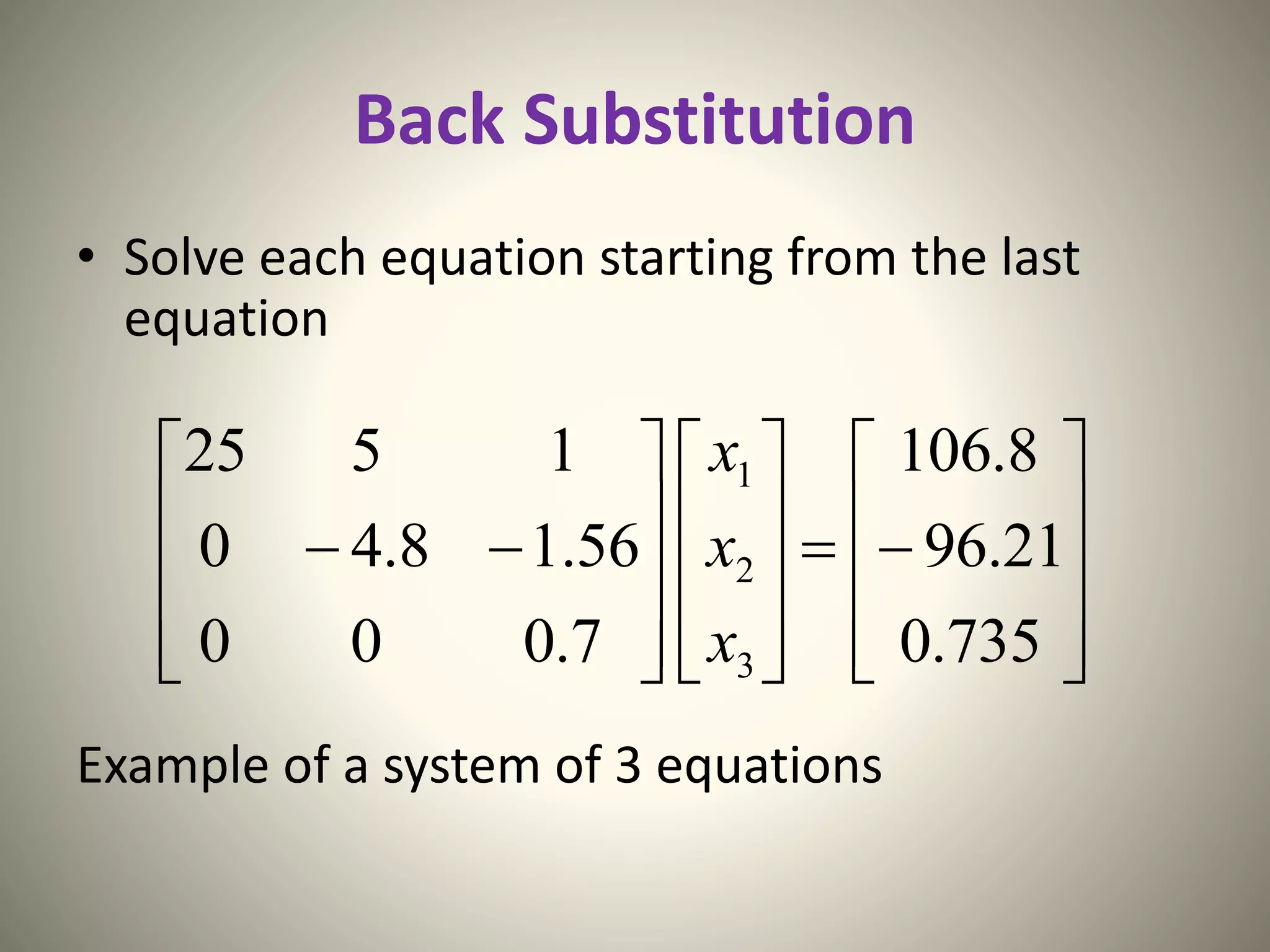 Back Substitution
• Solve each equation starting from the last
equation
Example of a system of 3 equations
































735.0
21.96
8.106
7.000
56.18.40
1525
3
2
1
x
x
x
 