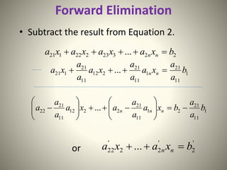 Forward Elimination
• Subtract the result from Equation 2.
or
22323222121 ... bxaxaxaxa nn 
1
11
21
1
11
21
212
11
21
121 ... b
a
a
xa
a
a
xa
a
a
xa nn 
1
11
21
21
11
21
2212
11
21
22 ... b
a
a
bxa
a
a
axa
a
a
a nnn 












'
2
'
22
'
22 ... bxaxa nn 
 