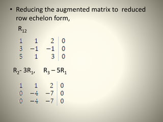 • Reducing the augmented matrix to reduced
row echelon form,
R12
R2- 3R1, R3 – 5R1
 