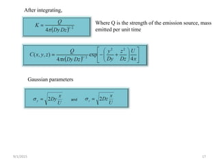 17
Where Q is the strength of the emission source, mass
emitted per unit time
After integrating,
Gaussian parameters
9/1/2015
 