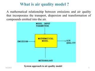 System approach to air quality model
What is air quality model ?
A mathematical relationship between emissions and air quality
that incorporates the transport, dispersion and transformation of
compounds emitted into the air.
59/1/2015
 