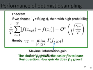 17
Performance of optimistic sampling
Theorem
If we choose ¯t = £(log t), then with high probability,
Hereby
The slower γT grows, the easier f is to learn
Key question: How quickly does γ T grow?
17
Maximal information gain
due to sampling!
 