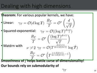 Dealing with high dimensions
Theorem: For various popular kernels, we have:
• Linear: ;
• Squared-exponential: ;
• Matérn with , ;
Smoothness of f helps battle curse of dimensionality!
Our bounds rely on submodularity of
19
 