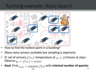 Running example: Noisy Search
• How to find the hottest point in a building?
• Many noisy sensors available but sampling is expensive
• D: set of sensors; : temperature at chosen at step i
Observe
• Goal: Find with minimal number of queries
4
 