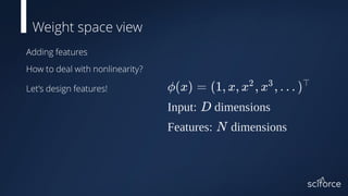 Adding features
How to deal with nonlinearity?
Let’s design features!
Weight space view
 