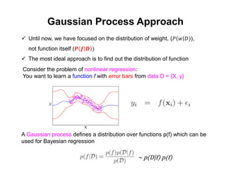 Gaussian Process Approach
 Until now, we have focused on the distribution of weight, (𝑃 𝑤 𝐷 ),
not function itself (𝑷 𝒇 𝑫 )
 The most ideal approach is to find out the distribution of function
Consider the problem of nonlinear regression:
You want to learn a function f with error bars from data D = {X, y}
A Gaussian process defines a distribution over functions p(f) which can be
used for Bayesian regression
~ p(D|f) p(f)
 