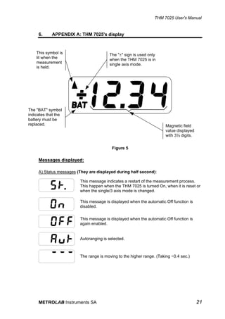 THM 7025 User's Manual


     6.     APPENDIX A: THM 7025's display



    This symbol is                      The "±" sign is used only
    lit when the                        when the THM 7025 is in
    measurement                         single axis mode.
    is held.




The "BAT" symbol
indicates that the
battery must be
replaced.                                                              Magnetic field
                                                                       value displayed
                                                                       with 3½ digits.


                                          Figure 5

     Messages displayed:

     A) Status messages (They are displayed during half second):

                         This message indicates a restart of the measurement process.
                         This happen when the THM 7025 is turned On, when it is reset or
                         when the single/3 axis mode is changed.

                         This message is displayed when the automatic Off function is
                         disabled.

                         This message is displayed when the automatic Off function is
                         again enabled.


                         Autoranging is selected.



                         The range is moving to the higher range. (Taking ~0.4 sec.)




     METROLAB Instruments SA                                                             21
 