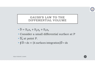 GAUSS’S LAW TO THE
DIFFERENTIAL VOLUME
•
• Consider a small differential surface at P
• at point P.
•
22
 