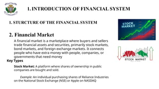 1.INTRODUCTION OF FINANCIAL SYSTEM
1. STURCTURE OF THE FINANCIAL SYSTEM
2. Financial Market
A financial market is a marketplace where buyers and sellers
trade financial assets and securities, primarily stock markets,
bond markets, and foreign exchange markets. It connects
people who have extra money with people, companies, or
governments that need money
Stock Market: A platform where shares of ownership in public
companies are bought and sold.
Example: An individual purchasing shares of Reliance Industries
on the National Stock Exchange (NSE) or Apple on NASDAQ
Key Types
 
