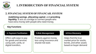 1.INTRODUCTION OF FINANCIAL SYSTEM
2. FINANCIAL SYSTEM OF FINANCAIL SYSTEM
mobilizing savings, allocating capital, and providing
liquidity. It acts as a bridge to connect people who
have extra money with people who need money.
Key Functions
4. Payment Facilitation 5.Risk Management 6.Price Discovery
Offers safe ways to pay
for goods and services
using cash, cards, or
digital transfers.
Protects against money
loss using insurance and
shared risk tools
Helps find the true
market price for stocks,
bonds, and other assets
based on buyer demand
 