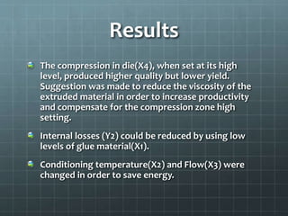 Results
The compression in die(X4), when set at its high
level, produced higher quality but lower yield.
Suggestion was made to reduce the viscosity of the
extruded material in order to increase productivity
and compensate for the compression zone high
setting.
Internal losses (Y2) could be reduced by using low
levels of glue material(X1).
Conditioning temperature(X2) and Flow(X3) were
changed in order to save energy.
 