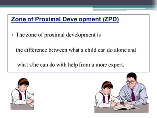 Zone of Proximal Development (ZPD)
• The zone of proximal development is
the difference between what a child can do alone and
what s/he can do with help from a more expert.
 