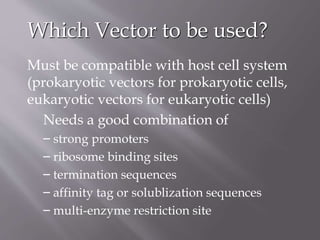 Which Vector to be used?
Must be compatible with host cell system
(prokaryotic vectors for prokaryotic cells,
eukaryotic vectors for eukaryotic cells)
Needs a good combination of
– strong promoters
– ribosome binding sites
– termination sequences
– affinity tag or solublization sequences
– multi-enzyme restriction site
 