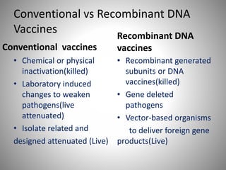 Conventional vs Recombinant DNA
Vaccines
Conventional vaccines
• Chemical or physical
inactivation(killed)
• Laboratory induced
changes to weaken
pathogens(live
attenuated)
• Isolate related and
designed attenuated (Live)
Recombinant DNA
vaccines
• Recombinant generated
subunits or DNA
vaccines(killed)
• Gene deleted
pathogens
• Vector-based organisms
to deliver foreign gene
products(Live)
 