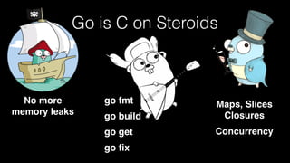 Go is C on Steroids
No more
memory leaks
Maps, Slices
Closures
Concurrency
go fmt
go build
go get
go ﬁx
 
