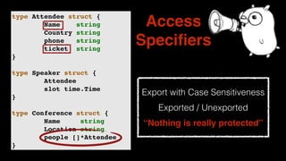 Export with Case Sensitiveness
Exported / Unexported
“Nothing is really protected”
type Attendee struct {
Name string
Country string
phone string
ticket string
}
type Speaker struct {
Attendee
slot time.Time
}
type Conference struct {
Name string
Location string
people []*Attendee
}
Access
Speciﬁers
 