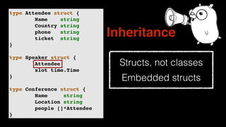 Structs, not classes
Embedded structs
type Attendee struct {
Name string
Country string
phone string
ticket string
}
type Speaker struct {
Attendee
slot time.Time
}
type Conference struct {
Name string
Location string
people []*Attendee
}
Inheritance
 
