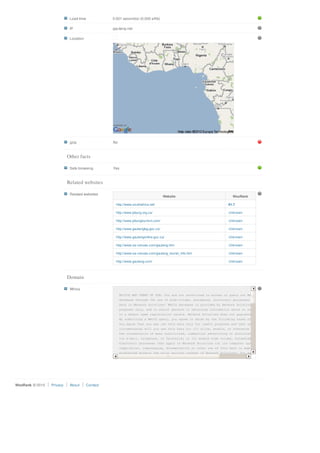 Load time             0.001 second(s) (0.000 s/Kb)

                            IP                    gauteng.net

                            Location




                            gzip                  No


                           Other facts

                            Safe browsing         Yes



                           Related websites

                            Related websites
                                                                                   Website                            WooRank

                                                   http://www.southafrica.net/                                      61.7

                                                   http://www.joburg.org.za/                                        Unknown

                                                   http://www.joburgtourism.com/                                    Unknown

                                                   http://www.gautengleg.gov.za/                                    Unknown

                                                   http://www.gautengonline.gov.za/                                 Unknown

                                                   http://www.sa-venues.com/gauteng.htm                             Unknown

                                                   http://www.sa-venues.com/gauteng_tourist_info.htm                Unknown

                                                   http://www.gauteng.com/                                          Unknown



                           Domain

                            Whois
                                                        NOTICE AND TERMS OF USE: You are not authorized to access or query our WHOIS
                                                        database through the use of high-volume, automated, electronic processes. The
                                                        Data in Network Solutions' WHOIS database is provided by Network Solutions for information
                                                        purposes only, and to assist persons in obtaining information about or related
                                                        to a domain name registration record. Network Solutions does not guarantee its accuracy.
                                                        By submitting a WHOIS query, you agree to abide by the following terms of use:
                                                        You agree that you may use this Data only for lawful purposes and that under no
                                                        circumstances will you use this Data to: (1) allow, enable, or otherwise support
                                                        the transmission of mass unsolicited, commercial advertising or solicitations
                                                        via e-mail, telephone, or facsimile; or (2) enable high volume, automated,
                                                        electronic processes that apply to Network Solutions (or its computer systems). The
                                                        compilation, repackaging, dissemination or other use of this Data is expressly
                                                        prohibited without the prior written consent of Network Solutions. You agree not to use
                                                        high-volume, automated, electronic processes to access or query the WHOIS




WooRank © 2010   Privacy    About       Contact
 