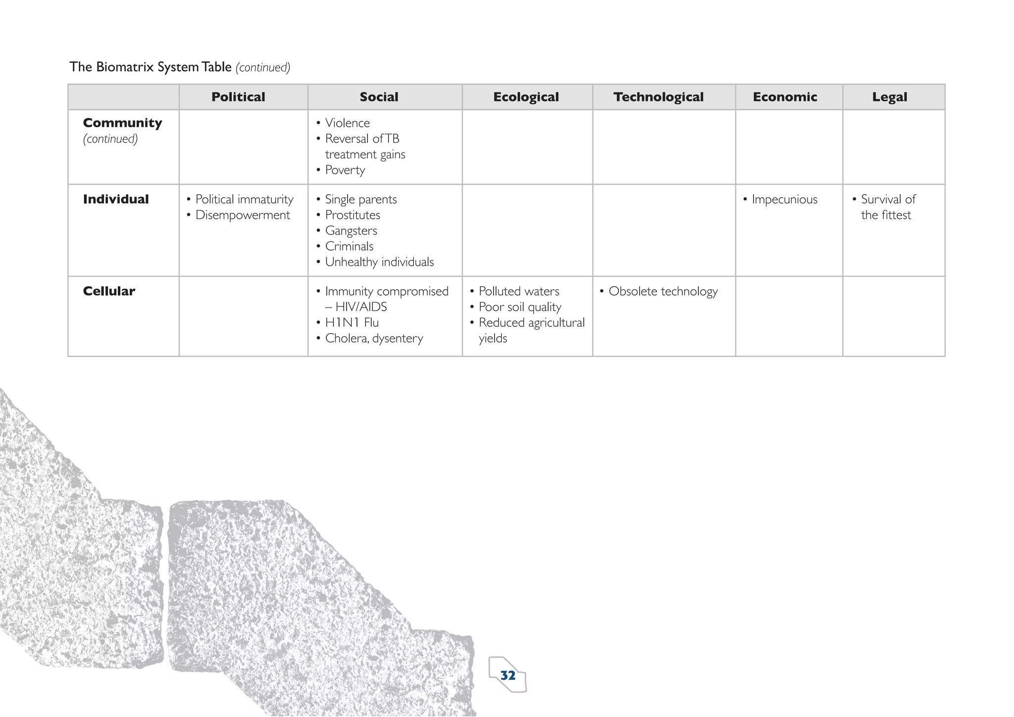 The Biomatrix System Table (continued)
Political
Community
(continued)

Individual

Cellular

Social

Ecological

Technological

Economic

Legal

• Violence
• Reversal of TB
treatment gains
• Poverty
• Political immaturity
• Disempowerment

• Single parents
• Prostitutes
• Gangsters
• Criminals
• Unhealthy individuals
• Immunity compromised
– HIV/AIDS
• H1N1 Flu
• Cholera, dysentery

• Impecunious

• Polluted waters
• Poor soil quality
• Reduced agricultural
yields

32

• Obsolete technology

• Survival of
the ﬁttest

 