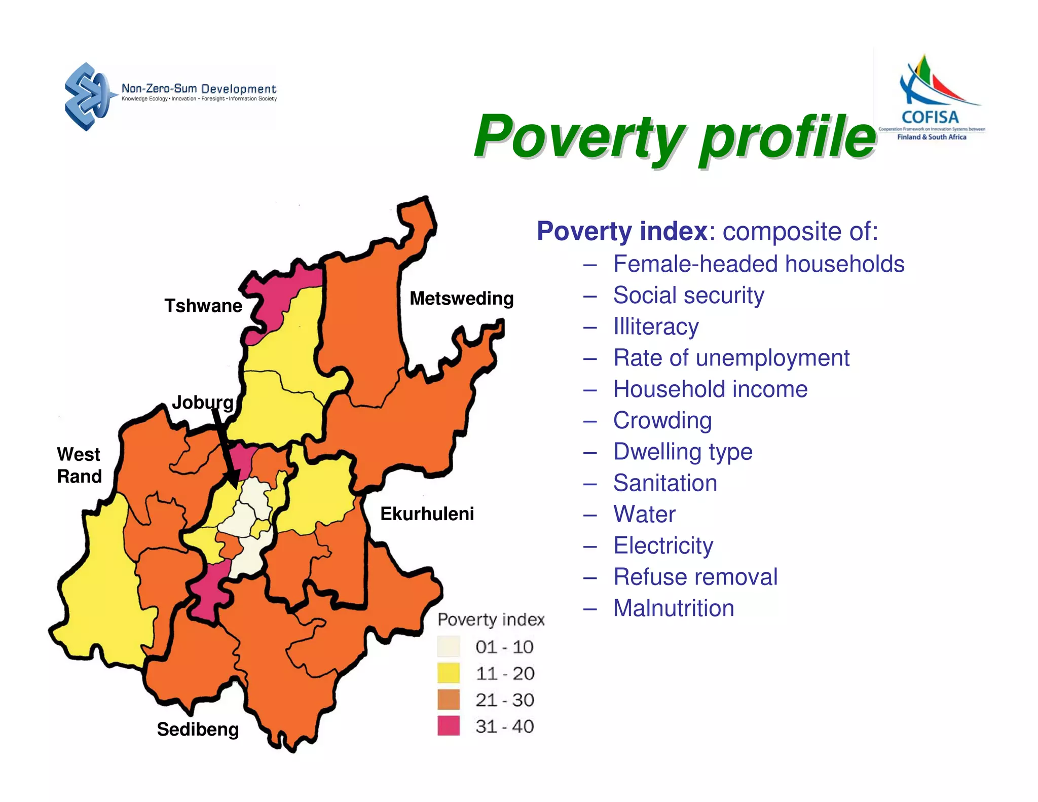 Poverty profile
                                  Poverty index: composite of:
                                     –   Female-headed households
       Tshwane       Metsweding      –   Social security
                                     –   Illiteracy
                                     –   Rate of unemployment
        Joburg
                                     –   Household income
                                     –   Crowding
West                                 –   Dwelling type
Rand                                 –   Sanitation
                  Ekurhuleni         –   Water
                                     –   Electricity
                                     –   Refuse removal
                                     –   Malnutrition




       Sedibeng
 
