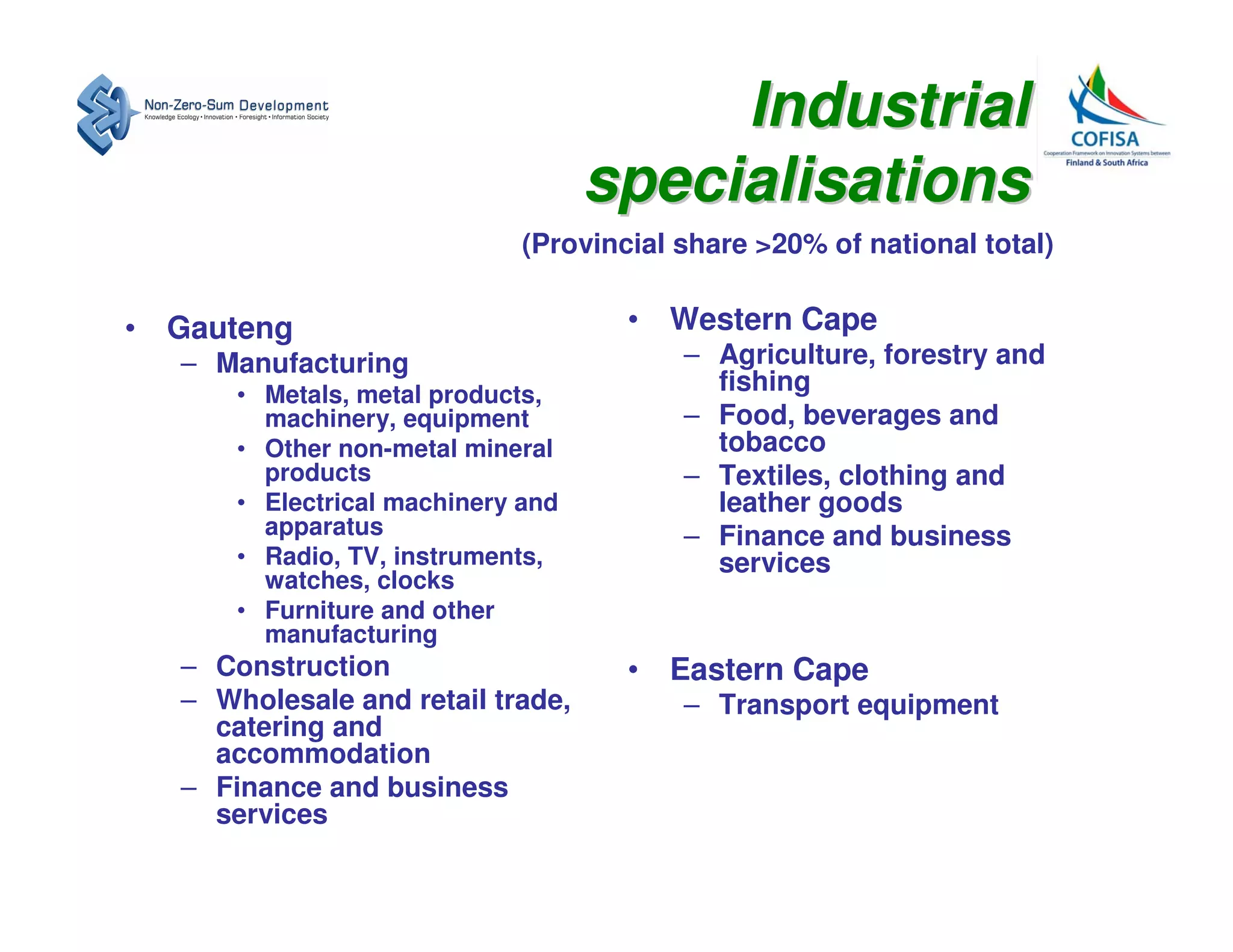 Industrial
                                   specialisations
                             (Provincial share >20% of national total)


• Gauteng                            • Western Cape
  – Manufacturing                        – Agriculture, forestry and
      • Metals, metal products,            fishing
        machinery, equipment             – Food, beverages and
      • Other non-metal mineral            tobacco
        products                         – Textiles, clothing and
      • Electrical machinery and           leather goods
        apparatus                        – Finance and business
      • Radio, TV, instruments,            services
        watches, clocks
      • Furniture and other
        manufacturing
  – Construction                     • Eastern Cape
  – Wholesale and retail trade,          – Transport equipment
    catering and
    accommodation
  – Finance and business
    services
 