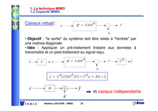1. La technique MIMO
   1.3 Capacité MIMO


Canaux virtuel :


• Objectif : "la sortie" du système doit être reliée à "l'entrée" par
une matrice diagonale
• Idée : Appliquer un pré-traitement linéaire aux données à
transmettre et un post-traitement au signal reçu.




  %
  x           D                      %
                                     y
                                          m canaux indépendants
                          %
                          n
           Matthieu GAUTIER – MIMO   20
 