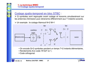 1. La technique MIMO
   1.4 Codage spatio-temporel


Codage spatio-temporel en bloc STBC :
   Q symboles sont regroupés avant codage et transmis simultanément sur
les antennes d’émission puis retransmis différemment aux T instants suivants.
  Un exemple : le codage Alamouti N=2 M=1




    • On encode Q=2 symboles pendant un temps T=2 instants élémentaires,
    • Rendements d'un code: R=Q/T ici 1,
    • Code orthogonal.


            Matthieu GAUTIER – MIMO   27
 