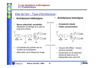 2. Les récepteurs multi-capteurs
     2.1 Problématique


 Etat de l'art – Type d'Architecture :
• Architecture hétérodyne                              • Architecture homodyne
                                           Avantages
– Bonne sélectivité, sensibilité -                        – Complexité réduite
  Répartition du filtrage et du gain le                   – Faible consommation
  long de la chaîne




                                          Inconvénients
– Complexité plus grande due au                           – Tension DC-Offset – tension
  nombre de composants                                      continue parasite
– Atténuation de la fréquence image                       – Contraintes sur le traitement
                                                            bande de base et sur le
                                                            déséquilibre des voies I/Q


                Matthieu GAUTIER – MIMO       36
 
