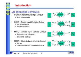 Introduction

Les principales techniques :
• SISO : Single Input Single Output       Tx       Canal        Rx
   – Pas intéressante

• SIMO : Single Input Multiple Output
                                                   Canal




                                                            …
   – La plus mature                       Tx                    Rx
   – Implémentation


• MISO : Multiple Input Multiple Output
                                                   Canal




                                               …
   – Formation de faisceau,               Tx                    Rx
   – Diversité, codage

• MIMO : Multiple Input Multiple Output




                                               …
   – MISO                                           Canal




                                                            …
                                          Tx                    Rx
   – Transmission sur plusieurs canaux



            Matthieu GAUTIER – MIMO   8
 