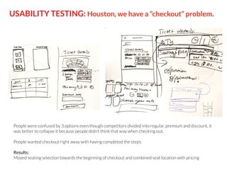 USABILITY TESTING: Houston, we have a “checkout” problem.

People were confused by 3 options even though competitors divided into regular, premium and discount, it
was better to collapse it because people didn’t think that way when checking out.



People wanted checkout right away with having completed the steps.
Results:
Moved seating selection towards the beginning of checkout and combined seat location with pricing

 