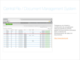 Central File / Document Management System

Trabajamos en el diseño y
construcción de una aplicación
web que permite la correcta
gestión de documentos y procesos
para un servicio de
almacenamiento de cajas con
documentos.
http://www.docms.net

 