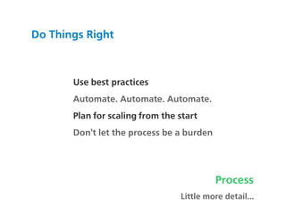 Do Things Right



       Use best practices
       Automate. Automate. Automate.
       Plan for scaling from the start
 ...