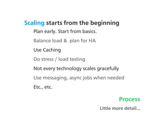 Scaling starts from the beginning
   Plan early. Start from basics.
   Balance load & plan for HA
   Use Caching
   Do str...