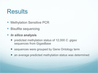 Results Methylation Sensitive PCR Bisulfite sequencing In silico  analysis predicted methylation status of 12,000  C. gigas  sequences from GigasBase sequences were grouped by Gene Ontology term an average predicted methylation status was determined 
