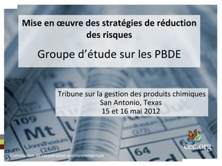 Mise en œuvre des stratégies de réduction
                   des risques

            Groupe d’étude sur les PBDE


                     Tribune sur la gestion des produits chimiques
                                  San Antonio, Texas
                                   15 et 16 mai 2012




Commission de coopération environnementale
 