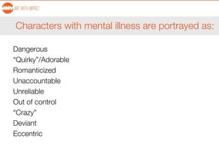 Characters with mental illness are portrayed as:
Dangerous
“Quirky”/Adorable
Romanticized
Unaccountable
Unreliable
Out of control
“Crazy”
Deviant
Eccentric
 