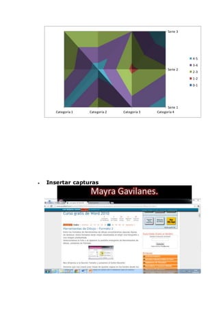  Insertar capturas
Serie 1
Serie 2
Serie 3
Categoría 1 Categoría 2 Categoría 3 Categoría 4
4-5
3-4
2-3
1-2
0-1
 