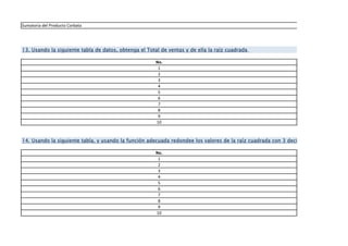 No.
1
2
3
4
5
6
7
8
9
10
No.
1
2
3
4
5
6
7
8
9
10
13. Usando la siguiente tabla de datos, obtenga el Total de ventas y de ella la raíz cuadrada
14. Usando la siguiente tabla, y usando la función adecuada redondee los valores de la raíz cuadrada con 3 decimales
Sumatoria del Producto Corbata
 