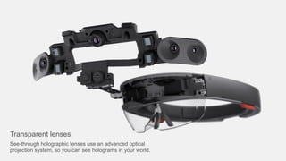 Transparent lenses
See-through holographic lenses use an advanced optical
projection system, so you can see holograms in your world.
 