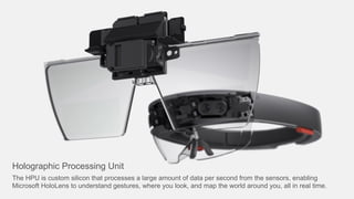Holographic Processing Unit
The HPU is custom silicon that processes a large amount of data per second from the sensors, enabling
Microsoft HoloLens to understand gestures, where you look, and map the world around you, all in real time.
 