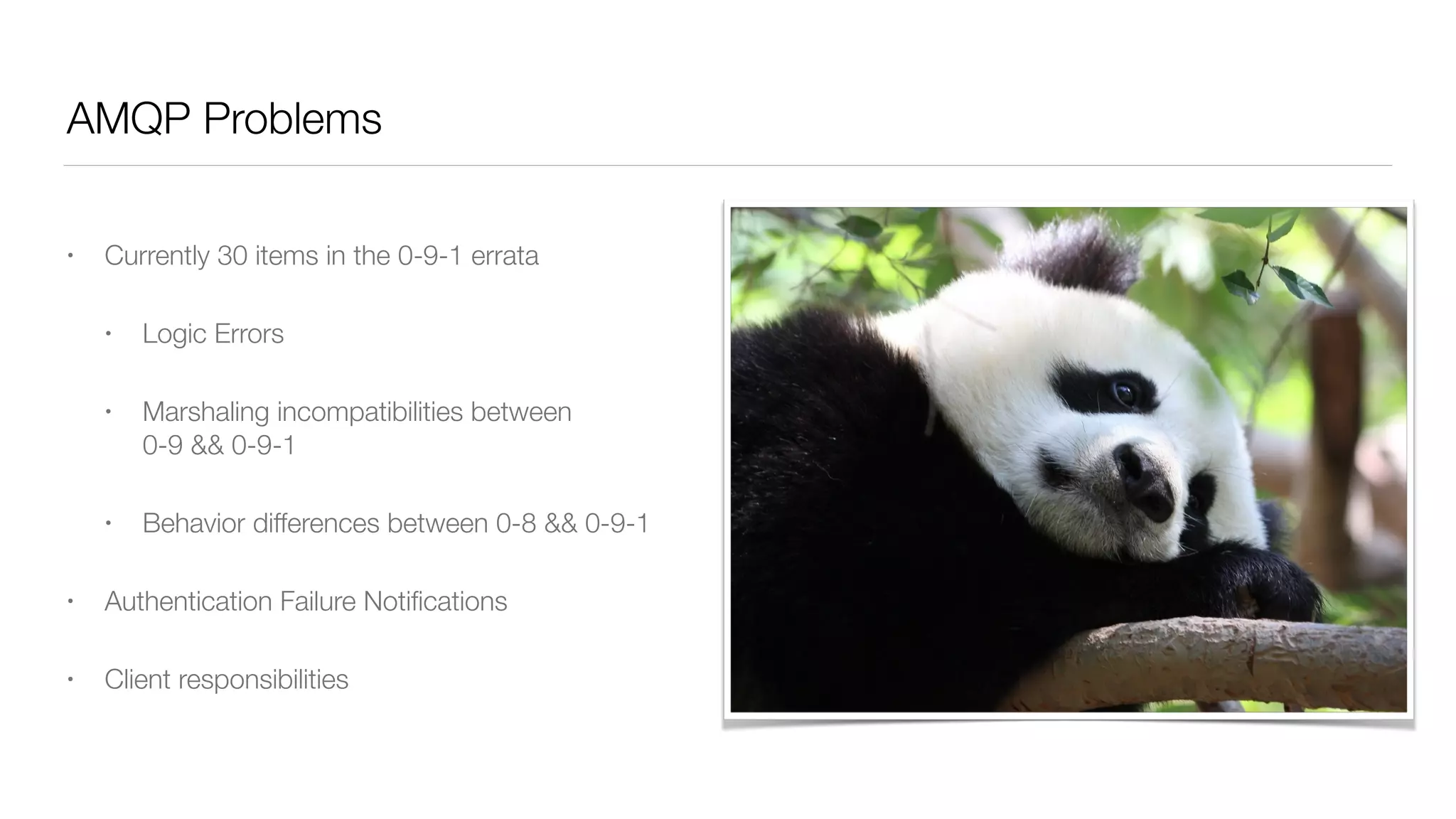 AMQP Problems
• Currently 30 items in the 0-9-1 errata
• Logic Errors
• Marshaling incompatibilities between  
0-9 && 0-9-1
• Behavior differences between 0-8 && 0-9-1
• Authentication Failure Notiﬁcations
• Client responsibilities
 