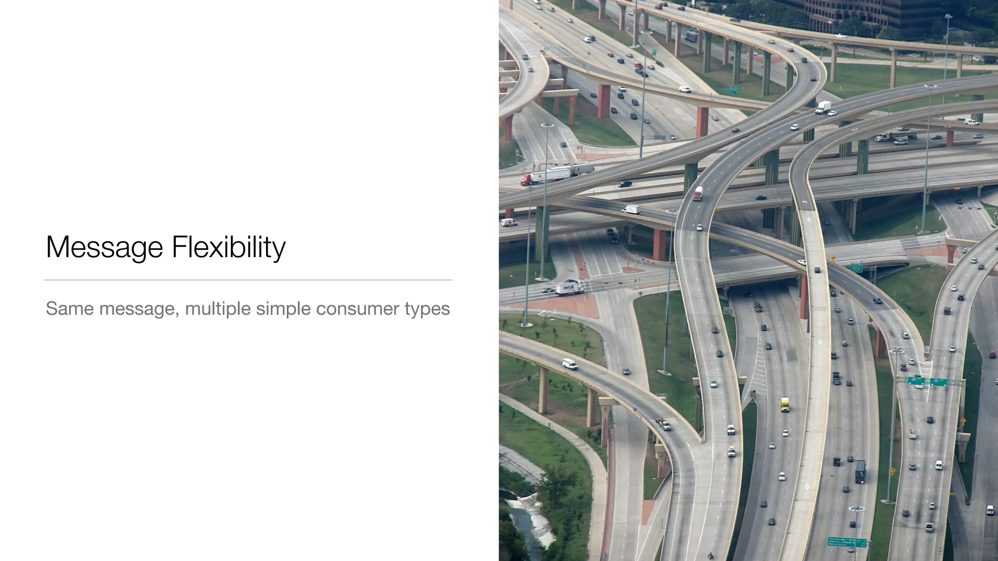 Message Flexibility
Same message, multiple simple consumer types
 