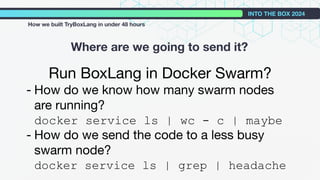 Run BoxLang in Docker Swarm?
- How do we know how many swarm nodes
are running?
docker service ls | wc - c | maybe
- How do we send the code to a less busy
swarm node?
docker service ls | grep | headache
Where are we going to send it?
INTO THE BOX 2024
How we built TryBoxLang in under 48 hours
 