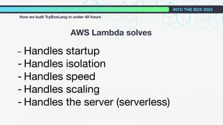 - Handles startup
- Handles isolation
- Handles speed
- Handles scaling
- Handles the server (serverless)
AWS Lambda solves
INTO THE BOX 2024
How we built TryBoxLang in under 48 hours
 
