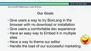 Our Goals
INTO THE BOX 2024
How we built TryBoxLang in under 48 hours
- Give users a way to try BoxLang in the
browser with no download or installation
- Give users a comfortable dev experience
- Have an easy way to Embed it in multiple
sites
- Have a way to theme our editor
- Handle the load of our successful marketing
 