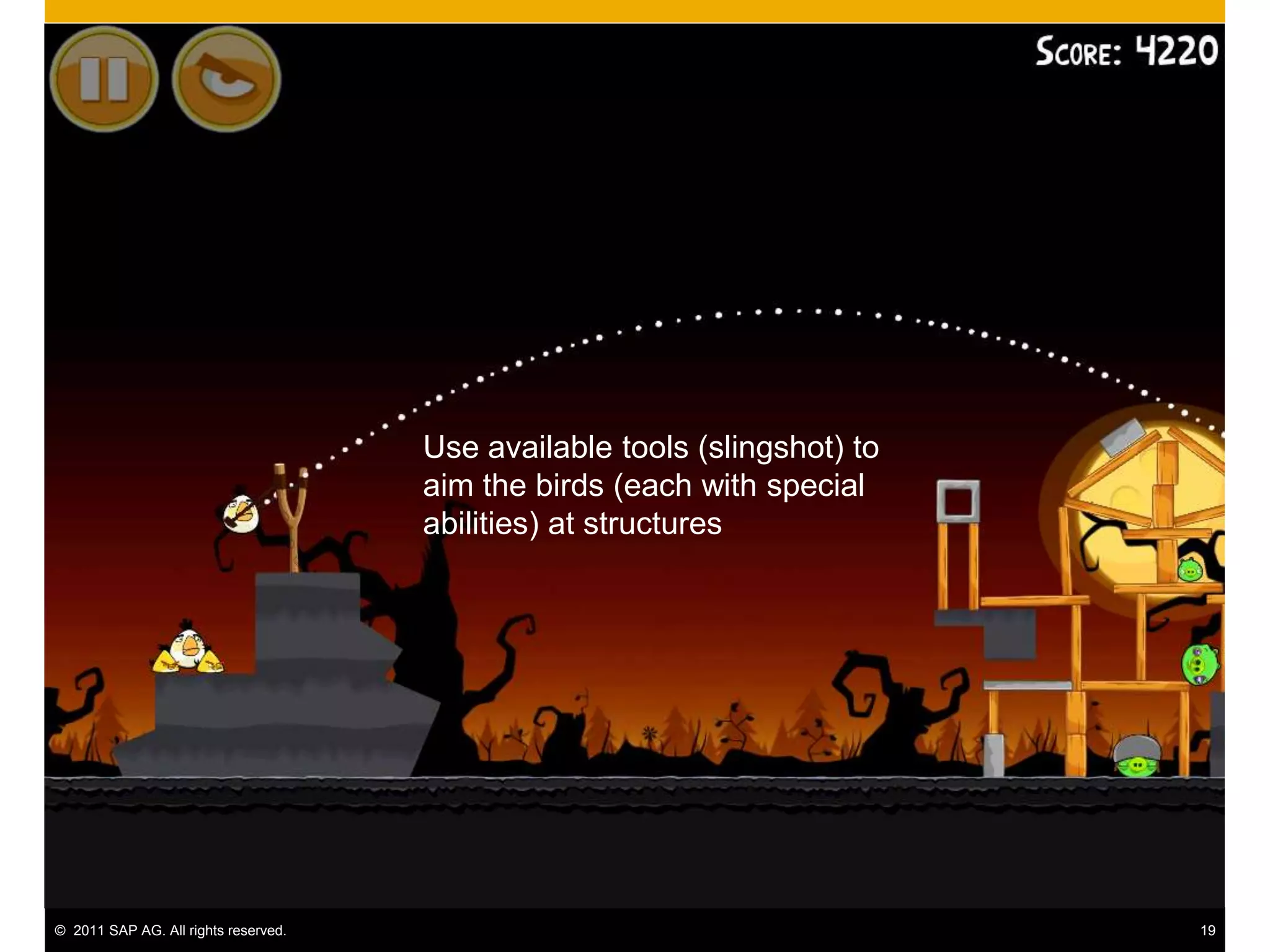 Use available tools (slingshot) to
                                      aim the birds (each with special
                                      abilities) at structures




© 2011 SAP AG. All rights reserved.                                        19
 