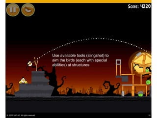Use available tools (slingshot) to
                                      aim the birds (each with special
                                      abilities) at structures




© 2011 SAP AG. All rights reserved.                                        19
 